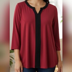 Blue Moon Women's Plus 2X  Color Red Wine And Black Round Neck 3/4 Sleeve Blouse